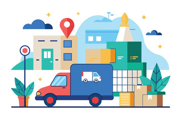 A delivery truck carrying multiple boxes on its back for transportation, Delivery services from manufacturers, Simple and minimalist flat Vector Illustration