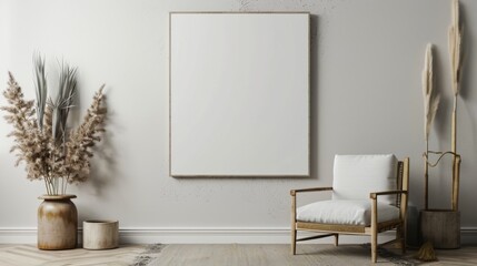 A white framed picture hangs on a wall in a room. The room is decorated with a white chair and two potted plants. The chair is placed in front of the picture