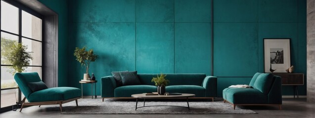 Turquoise Room Interior, Comfortable Living Room Arrangement, Unadorned Turquoise Wall