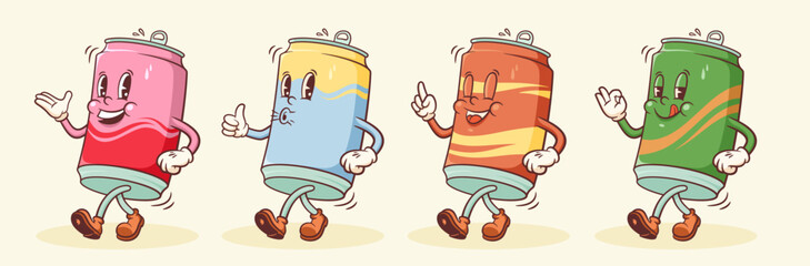 Groovy Soda Retro Characters Set. Cartoon Food Beer and Juice Can Walking and Smiling. Vector Fast Food Beverage Mascot Templates Collection. Happy Vintage Cool Cold Coffee Illustrations Isolated