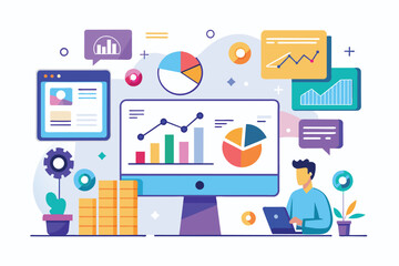 Fototapeta premium Man Analyzing Data on Computer Screen, Development analysis presentation with graphic data, Simple and minimalist flat Vector Illustration