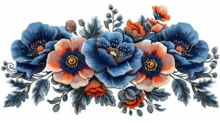 Vintage fashion trendy design modern illustration art of rose poppy daisy flowers. Women slim jeans pair decoration floral ornament print sticker embroidery. - obrazy, fototapety, plakaty