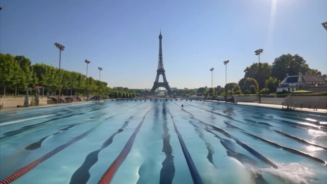 Olympic pool with the Eiffel Tower in the background