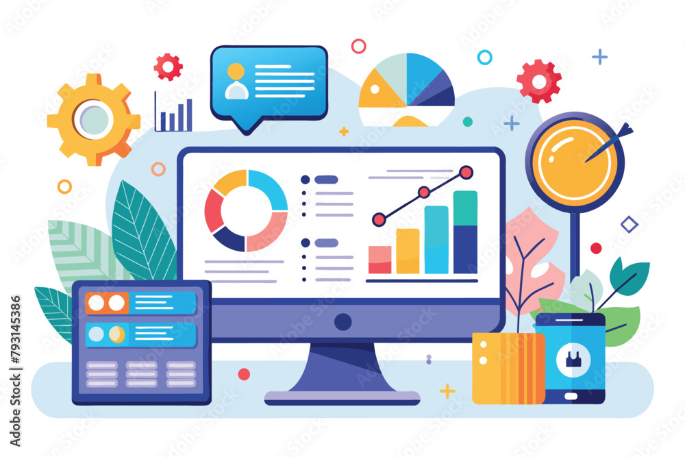 Poster Various icons displayed on a computer screen, representing different applications and functions, digital analysis and online marketing data, Simple and minimalist flat Vector Illustration