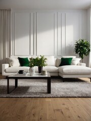 Urban Comfort, White Sofa adorned with Green Pillows, Modern Coffee Table, Floor Lamp, Plant, Rug on Wooden Floor, and White Wall in Living Room Interior