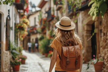 Solo female traveler exploring scenic old streets of spanish town during vacation trip