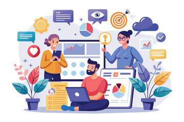 Group of People Sitting Around a Laptop, Digital creators advertise business content online, marketing social media, Simple and minimalist flat Vector Illustration