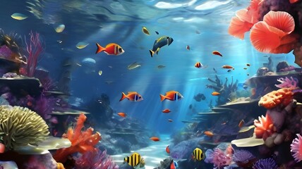 coral reef and fishes - obrazy, fototapety, plakaty