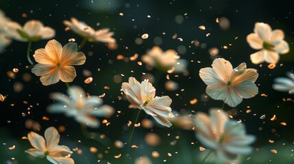   Flowers suspended in air, dripping with water on petals and stems