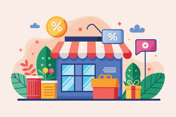 Naklejka premium A small store with a prominent sale sign above it, indicating discounts and promotions to potential customers, Discount day online store, Simple and minimalist flat Vector Illustration