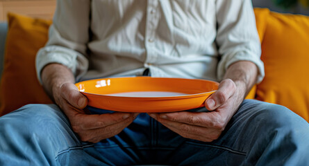 A starving old man with orange plate and waiting for his meal at home