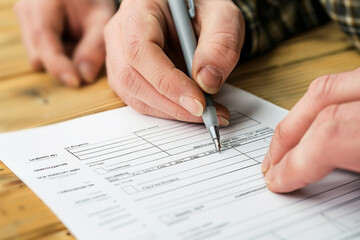 Person filling financial loan application form with a sharp pen