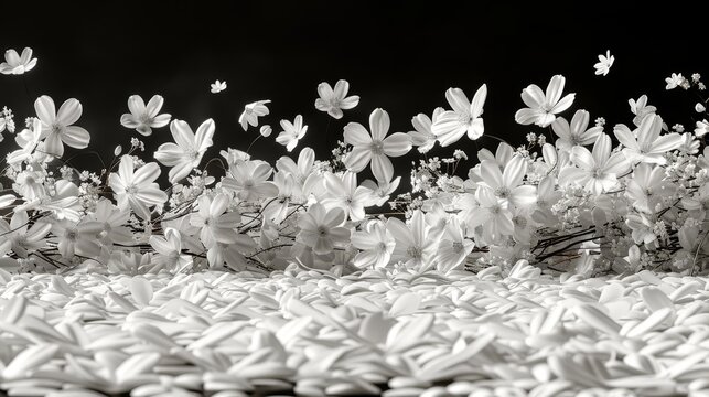   A monochrome image of white blooms against a backdrop of sunflowers