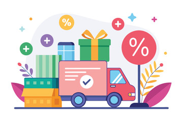 Naklejka premium A delivery truck transporting a stack of presents on its roof, Discount shopping with free shipping, Simple and minimalist flat Vector Illustration