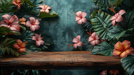 Display of products on a wooden table with a tropical green floral background.