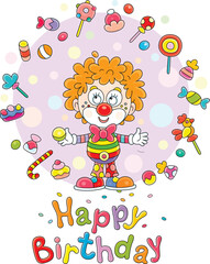 Happy birthday card with a funny circus clown juggling with colorful sweets and candies, vector cartoon illustration