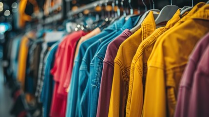 A photo of a clothing rack with a variety of colorful jackets and coats.
