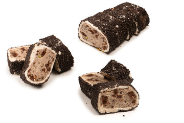 Sweet roll with chocolate and nuts, turkish sweets.