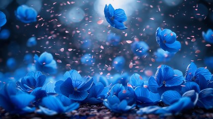   A cluster of blue blooms suspended in the air, surrounded by a radiant light at their center