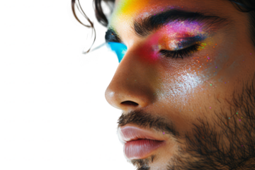 Portrait of a man with a beard and glamorous bright makeup on a transparent background, LGBT theme