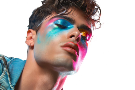Portrait of a man with provocative bright makeup and a sexy facial expression on a transparent background, LGBT theme