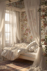 Romantic Retreat: Boudoir with Floral Print Accent Wall and Canopy Bed