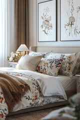 Scandinavian Serenity: Bedroom with Floral Patterned Throw Pillows on a Neutral Palette