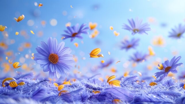   A field of purple and yellow daisies against a blue backdrop Yellow butterflies populate the foreground