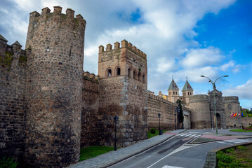 Medieval monumental wall with the Queen's towers in Toledo, Castilla la Mancha, Spain, declared a...