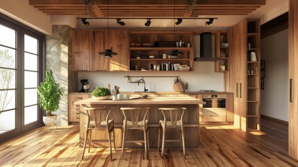 Fototapeta na wymiar A kitchen with wooden cabinets and a wooden island. The kitchen is well lit and has a warm, inviting atmosphere