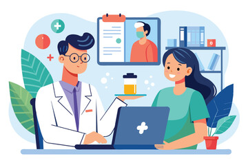 A man and woman are sitting together at a desk, engaged in work on a laptop computer, doctor prescribes medicine to patient online consultation, Simple and minimalist flat Vector Illustration