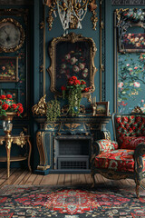"Elegant Victorian Parlor: Floral Wallpaper & Antique Furnishings