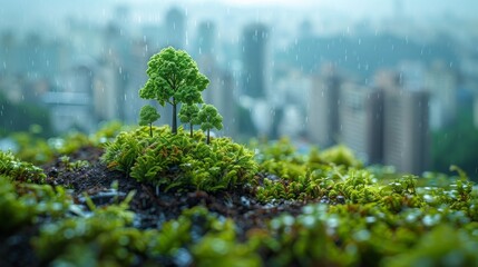 Macro tilt-shift photos of tiny green offices symbolize a commitment to environmental responsibility and carbon-neutral operations in sustainable business.