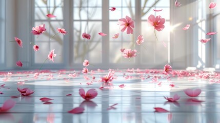  A room brimming with numerous pink blooms hovering above a gleaming floor, alongside a window adorned with ample panes