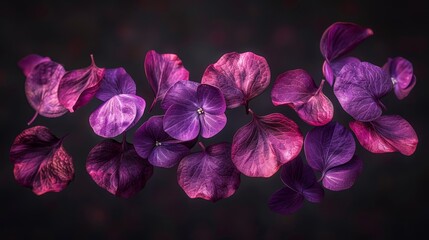   A collection of purple flowers hovering above a black backdrop, mirrored in the upper surfaces of their petals