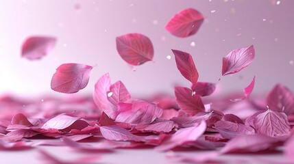   A pink backdrop filled with floating pink leaves, softly blurred as they drift upwards