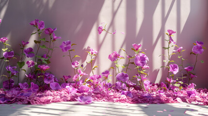   A collection of purple flowers adjacent to one another, situated in front of a rosy wall, with a cast shadow present