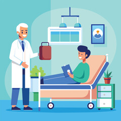 Doctor Visiting Patient in Hospital Room, doctor visits patient in hospital room, man lying in bed, Simple and minimalist flat Vector Illustration