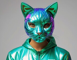 Cat head wearing a shiny and iridescent holographic liquid purple jacket on an isolated background. Digital fashion, futuristic vintage style, fashion concept, pet costumes, print