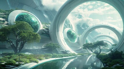 The image depicts an overgrown futuristic city with glass domes and vegetation.