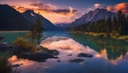 lake and mountains landscape sunrise