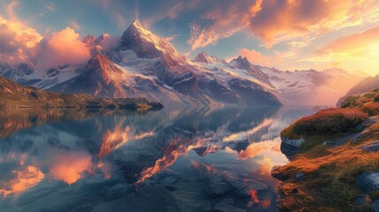 A majestic mountain landscape at sunset, snow-capped peaks, a crystal-clear lake reflecting the...