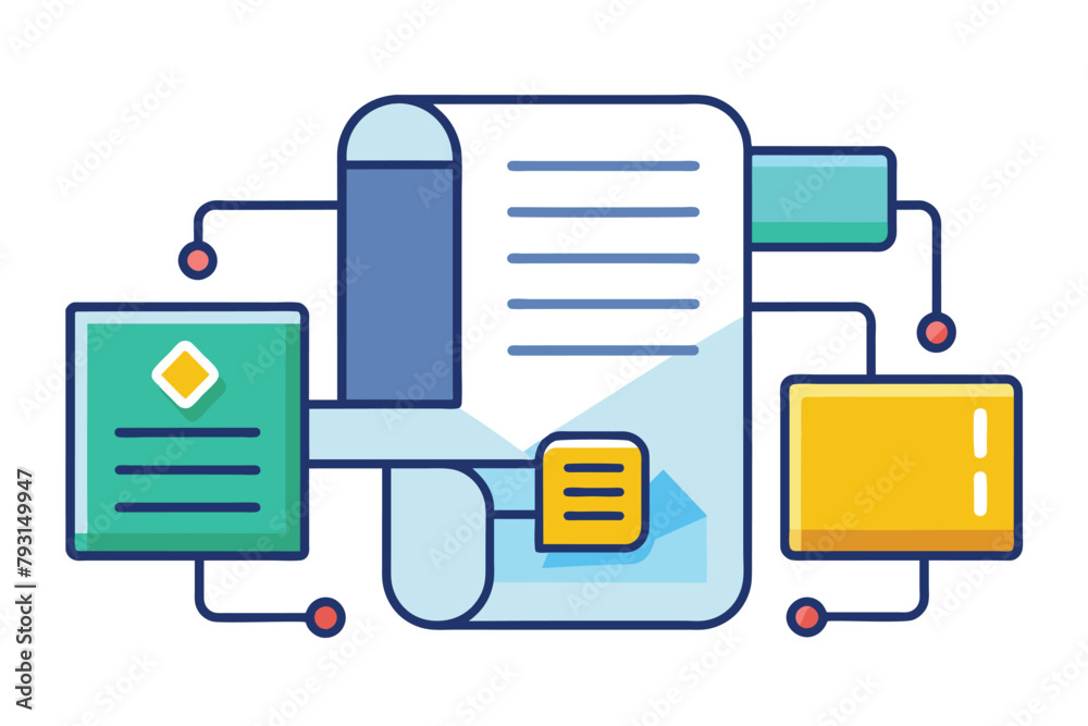 Poster a simple flat line icon depicting a document and a folder, symbolizing organization and file storage