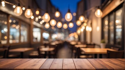Wooden Tabletop Enveloped in Bokeh Lights, with a Defocused Bistro Background - obrazy, fototapety, plakaty