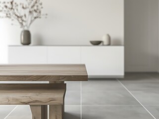 Modern interior, dining table with floating bench and sideboard in the background, front view, blurred background, white walls, gray floor tiles, natural light, Scandina