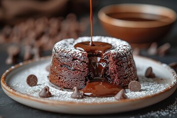 A professional product photo of a chocolate lava cake on a white plate