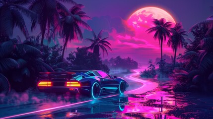 Retro car cruising through this vibrant scene, highlighted by a sun, capturing the essence of the era. Retro 80s-style background depicting a futuristic landscape with palm trees, sun, and mountains.