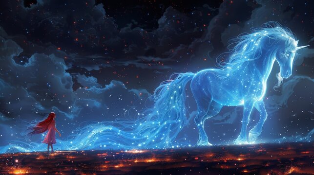 Modern illustration of a shining cosmos horn fairy myth moon light fantasy background with a blue glowing horse unicorn riding a night sky star.
