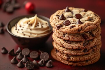 A stack of chocolate chip cookies with one cookie being leaning on the pile and an bowl filled with...