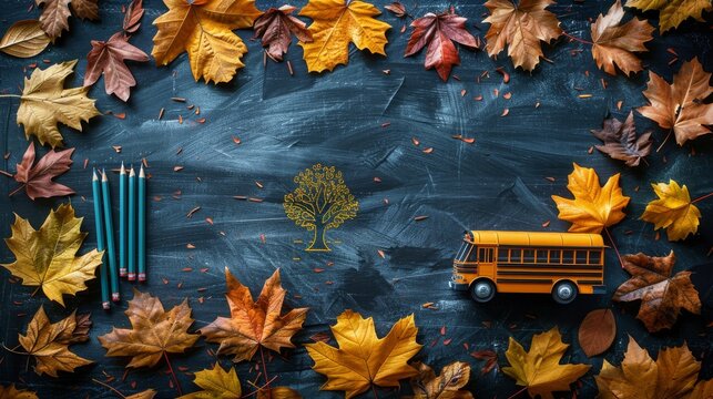 An autumn tree sketch with autumn leaves over a classroom blackboard background. Top view banner of school bus and pencils.